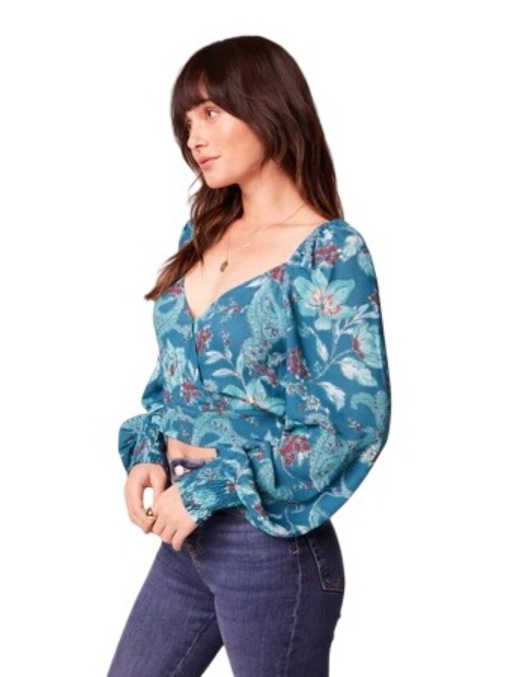2/$30 New Large Band Of The Free - V Neckline Teal Red Floral Tie-Back Blouse - Picture 5 of 15